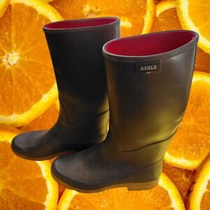 Aigle Men Black Rubber Rain Boots Tall Waterproof Lug Sole Made in France 47